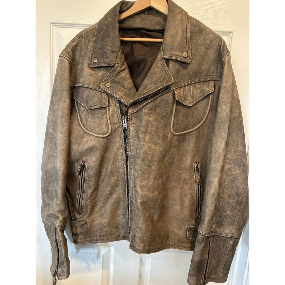 Vintage Distressed Brown Leather Biker Jacket - Heavyweight Moto - Fits Mens 2XL